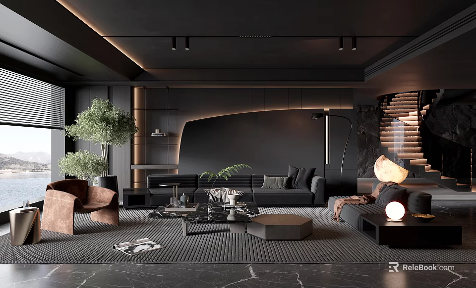 Dark Modern Living Room Interior With Sofa Coffee Tables Plants Floor Lamp And Rug 3d model 