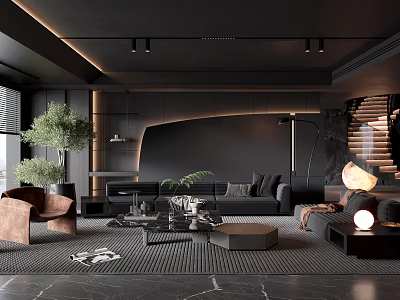 Dark Modern Living Room Interior With Sofa Coffee Tables Plants Floor Lamp And Rug 3d model