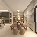 Elegant Modern Restaurant Interior With Round Dining Table Chairs Chandelier And Display Shelves