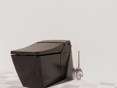 Modern Black Smart Toilet With Toilet Brush In Minimalist Bathroom Design 3d model