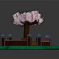 Scenic View With Pink Cherry Blossom Tree Blue Roof Pavilions Green Grass And Wooden Fence