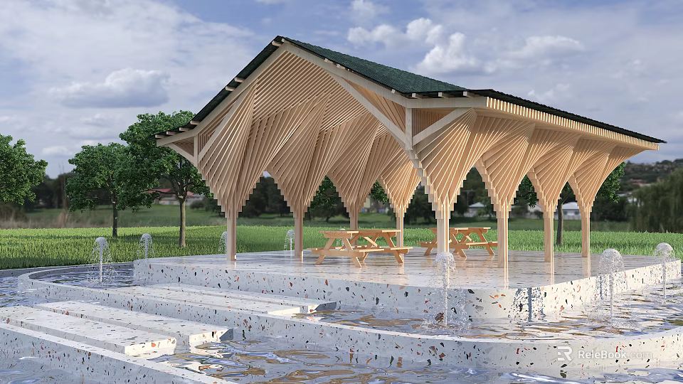 Wooden Pergola With Green Roof Picnic Tables Fountains And Trees 3d model 