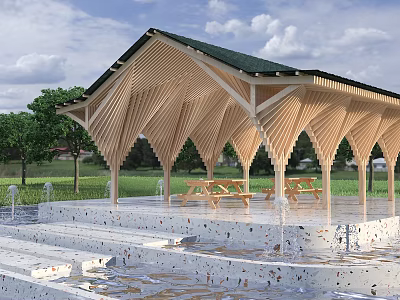 Wooden Pergola With Green Roof Picnic Tables Fountains And Trees 3d model