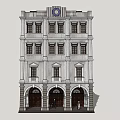 Classical Style Multi Storey Commercial Complex With Arched Doorways Clock And Windows 3d model