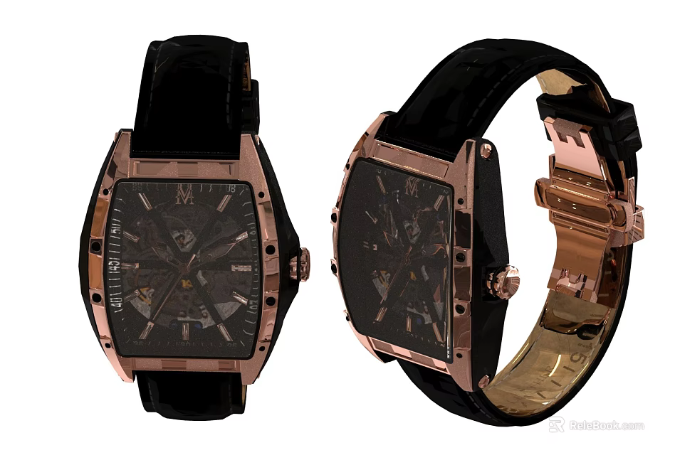 Square Rose Gold Watch With Black Leather Strap And Intricate Mechanical Dial Design 3d model 