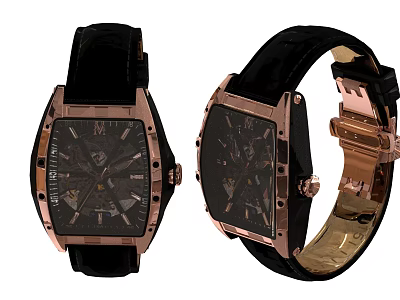 Square Rose Gold Watch With Black Leather Strap And Intricate Mechanical Dial Design 3d model