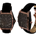 Square Rose Gold Watch With Black Leather Strap And Intricate Mechanical Dial Design
