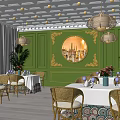 Elegant Restaurant Interior With Green Walls Golden Accents Circular Mural Woven Pendant Lights Rattan Chairs