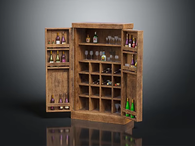 Wooden Wine Cabinet With Multiple Shelves And Assorted Wine Bottles And Glasses 3d model