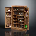 Wooden Wine Cabinet With Multiple Shelves And Assorted Wine Bottles And Glasses