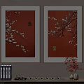 Two Gold Framed Botanical Paintings With Plum Blossom Branches And White Flowers On Red Background