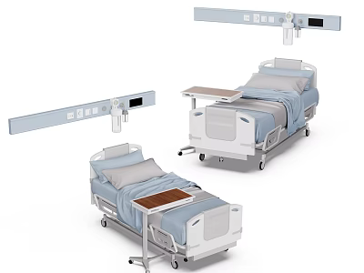 Adjustable Medical Hospital Beds With Tray Tables And Hanging Equipment Arms 3d model