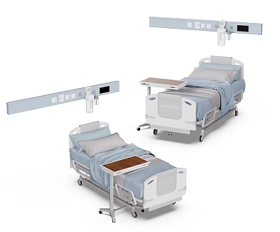 Adjustable Medical Hospital Beds With Tray Tables And Hanging Equipment Arms 3d model