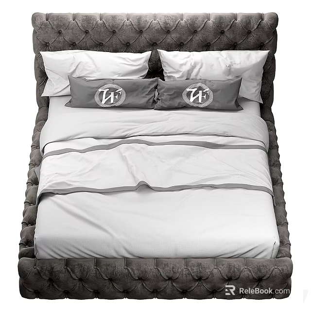Double Bed with Dark Gray Headboard White Pillows Gray Cushions and White Bedding Stripes 3d model 