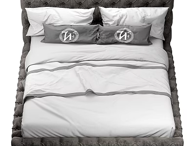 Double Bed with Dark Gray Headboard White Pillows Gray Cushions and White Bedding Stripes 3d model
