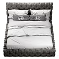 Double Bed with Dark Gray Headboard White Pillows Gray Cushions and White Bedding Stripes