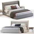 Modern Upholstered Double Bed With Decorative Pillows Striped Blanket And Bedside Tables
