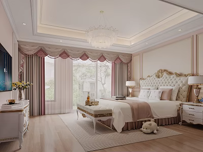 Pink Princess Style Kids Room With Chandelier Bed Curtains TV Rug And Plush Toy 3d model