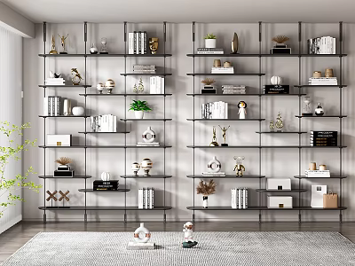 Modern Open Shelf Metal Frame Bookcase with Books Decor Plants and Sculptures in Living Room 3d model