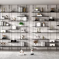 Modern Open Shelf Metal Frame Bookcase with Books Decor Plants and Sculptures in Living Room