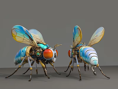 Smart Mechanical Bees With Blue Green Wings Orange Eyes And Metallic Bodies 3d model