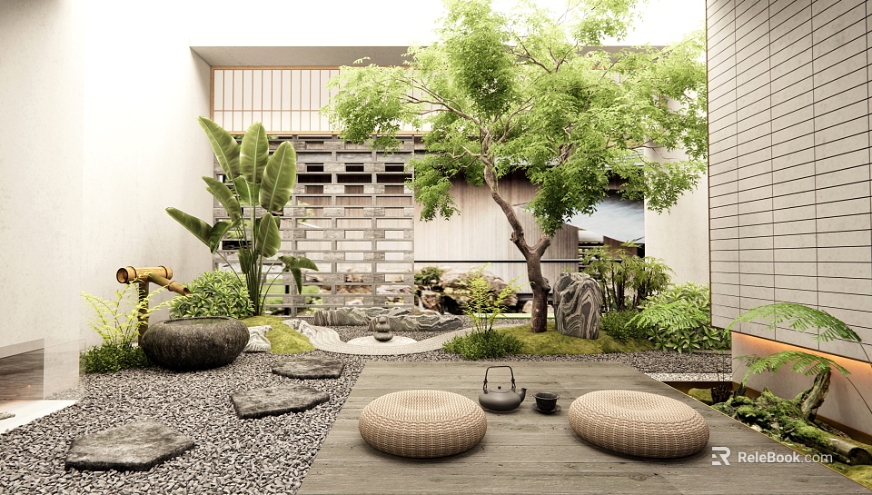 Traditional Japanese Courtyard Garden With Stone Path Round Cushions Green Plants And Large Tree 3d model 