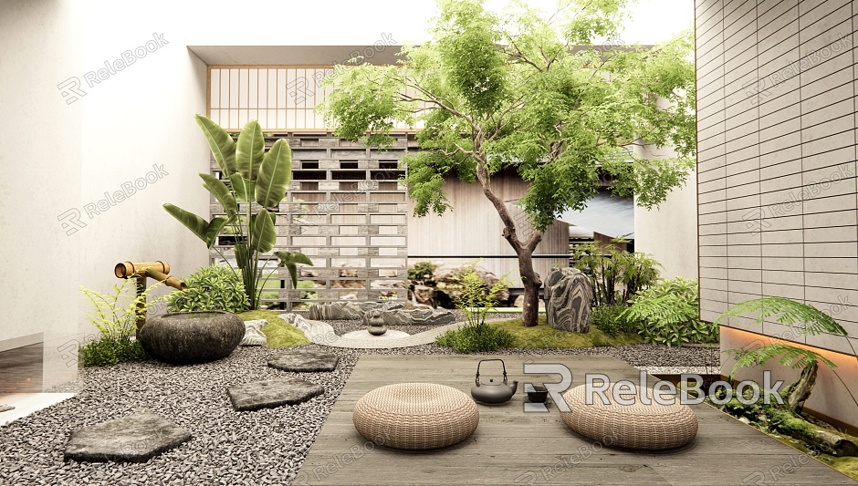 Dry landscape courtyard landscape stone landscape stone water bowl landscape tree plant landscaping plant pile model