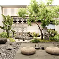 Traditional Japanese Courtyard Garden With Stone Path Round Cushions Green Plants And Large Tree
