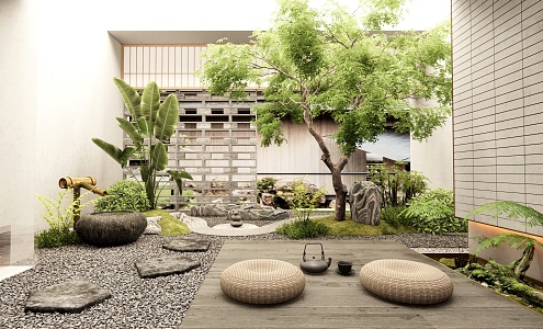 Dry landscape courtyard landscape stone landscape stone water bowl landscape tree plant landscaping plant pile 3d model