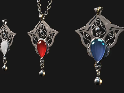 Elegant Jewelry Pendant Necklaces With White Red Blue Gemstones Filigree Design Chain And Small Beads 3d model