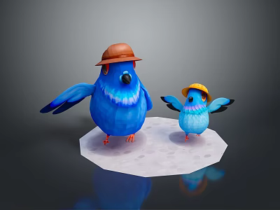 Blue Parent and Baby Birds Wearing Brown and Yellow Hats Standing on White Platform 3d model