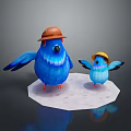 Blue Parent and Baby Birds Wearing Brown and Yellow Hats Standing on White Platform