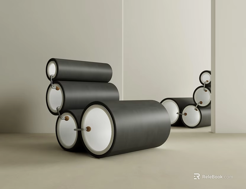 Sleek Modern Accent Chair Featuring Black Cylindrical Design White Circular Accents And Minimalist Interior 3d model 
