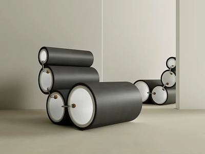Sleek Modern Accent Chair Featuring Black Cylindrical Design White Circular Accents And Minimalist Interior 3d model