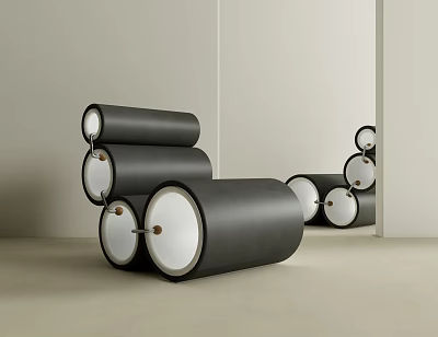 Sleek Modern Accent Chair Featuring Black Cylindrical Design White Circular Accents And Minimalist Interior 3d model