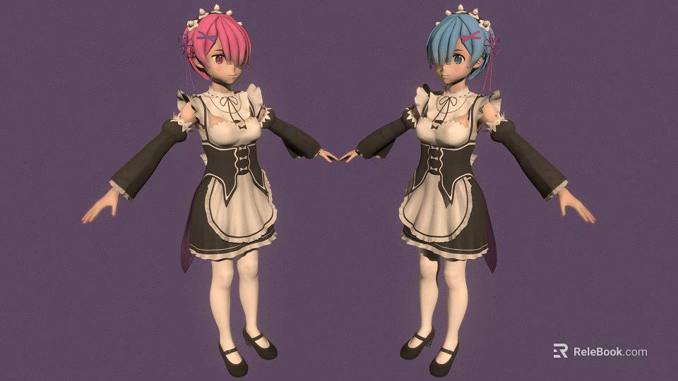Anime Maid Characters with Pink Blue Hair in Frilled Outfits White Stockings and Black Shoes 3d model 