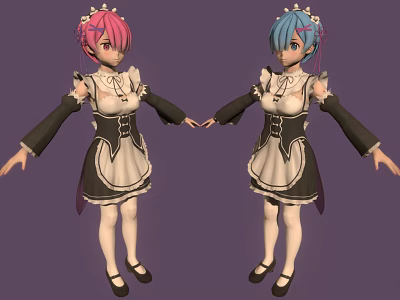 Anime Maid Characters with Pink Blue Hair in Frilled Outfits White Stockings and Black Shoes 3d model