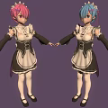 Anime Maid Characters with Pink Blue Hair in Frilled Outfits White Stockings and Black Shoes