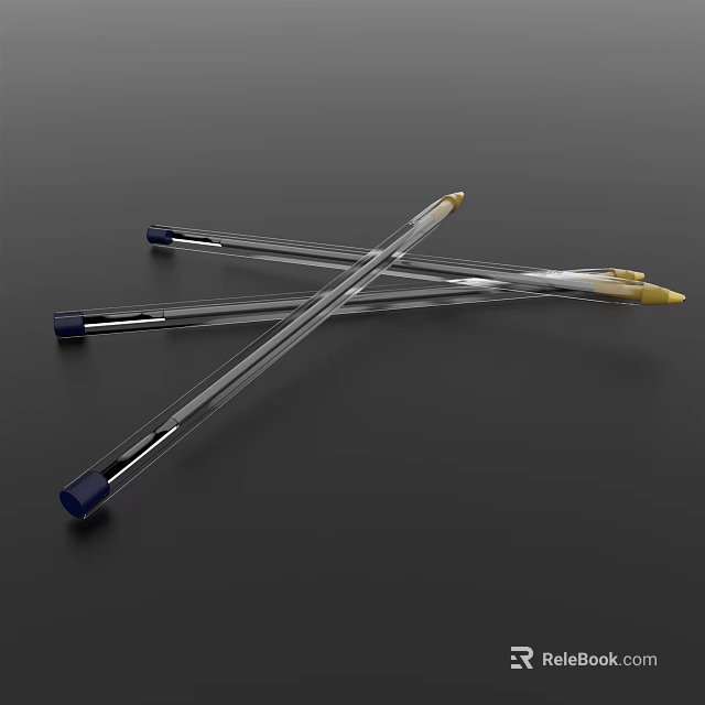 Three Transparent Pens With Blue And Yellow Caps Crossed Together On Black Background 3d model 