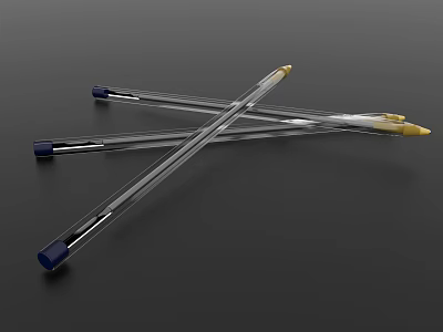 Three Transparent Pens With Blue And Yellow Caps Crossed Together On Black Background 3d model