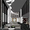 Modern Lounge Area With Comfortable Sofas Unique Pendant Lights And Large Windows 3d model