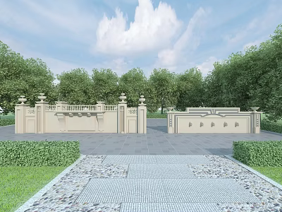 Beige Garden Wall Design With Decorative Railings Columns Green Trees And Paved Path 3d model