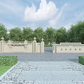 Beige Garden Wall Design With Decorative Railings Columns Green Trees And Paved Path