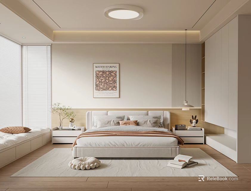 Modern Bedroom Interior With Bed Nightstands Area Rug Window Blinds And Decorative Painting 3d model 
