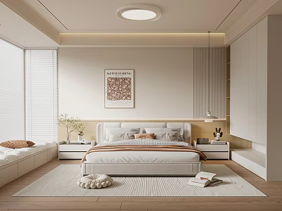 Modern Bedroom Interior With Bed Nightstands Area Rug Window Blinds And Decorative Painting 3d model