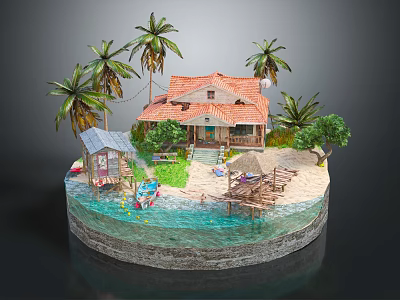 Cartoon Scene Featuring Tropical Island With Sandy Beach Palm Trees and Cozy Cabin 3d model