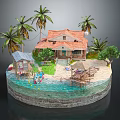 Cartoon Scene Featuring Tropical Island With Sandy Beach Palm Trees and Cozy Cabin