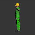 Human Worker In Green Reflective Uniform With Yellow Helmet Standing Arms Outstretched On Dark Background