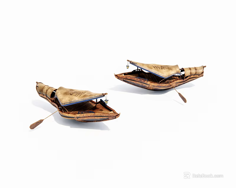 Two Handmade Traditional Wooden Boats With Woven Design And Oars 3d model 