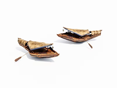 Two Handmade Traditional Wooden Boats With Woven Design And Oars 3d model